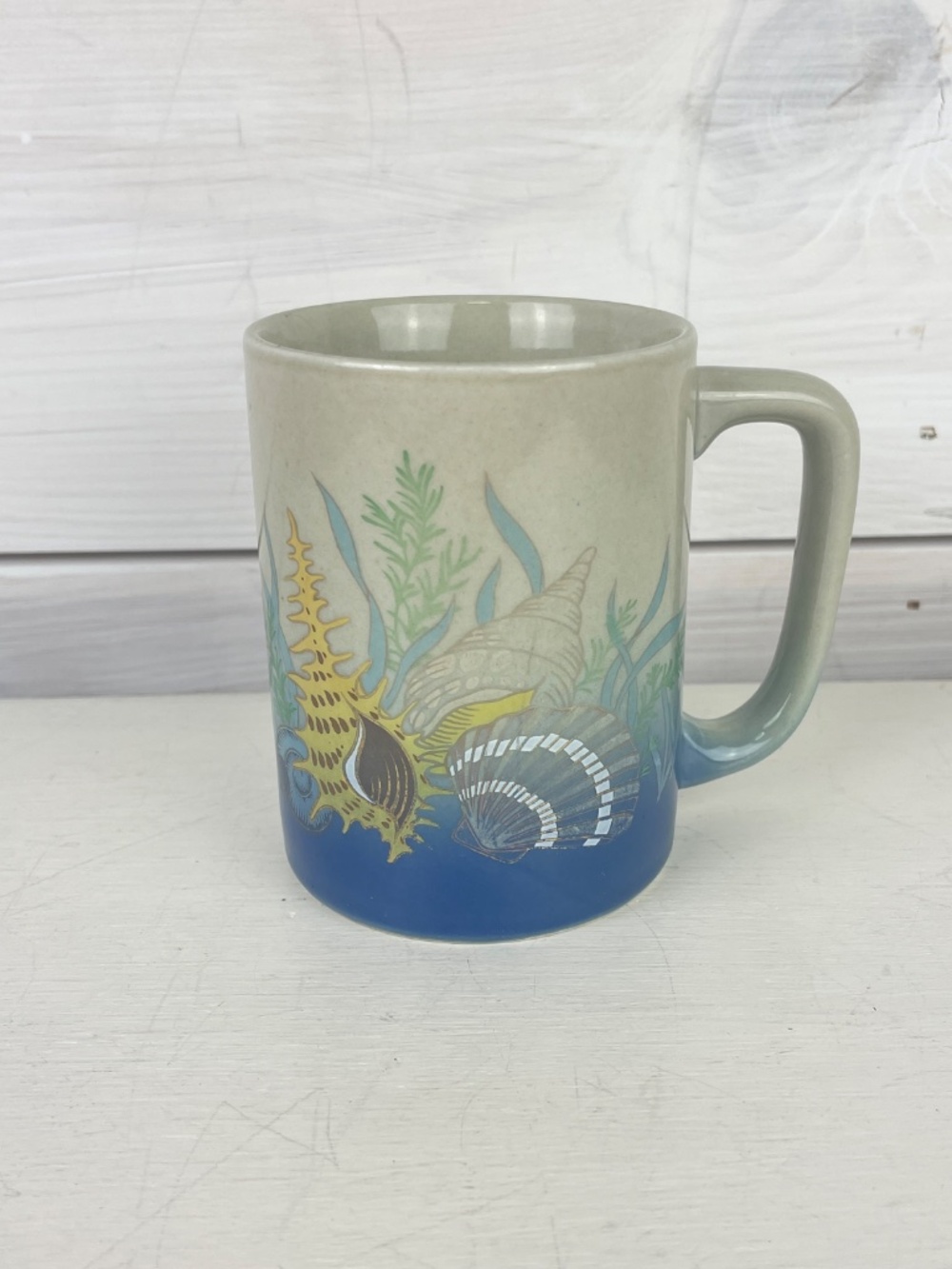 Vintage 1980s Otagiri Beige Ceramic Coffee Mug Japan - Seashells Beach Theme